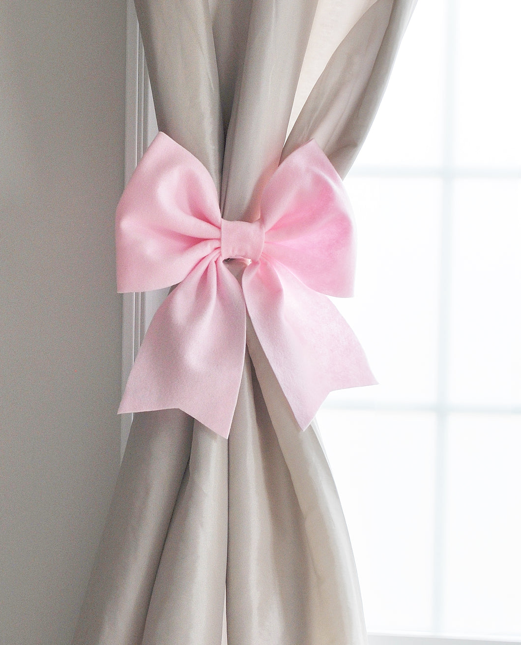 Light Pink Bow Curtain Tie Backs Nursery Curtain Holdbacks - Daisy Manor
