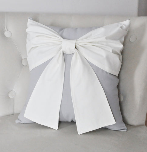 Ivory and Gray Farmhouse Bow Throw Pillow - Daisy Manor