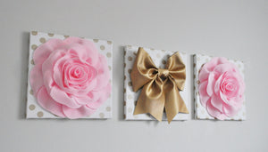Light Pink Rose and Gold Bow Wall Decor Set of Three - Daisy Manor