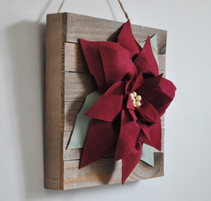 Cranberry Red Poinsettia on Wood Panel Decor