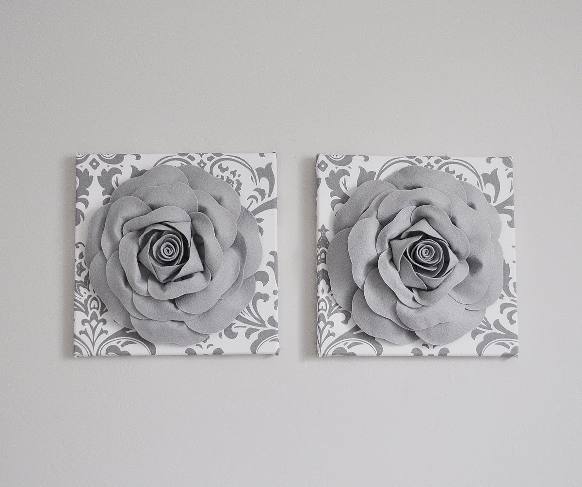 Gray Roses on White Gray Damask Wall Art Floral Canvas Wall Art Sets ...