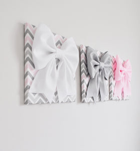 Pink and Grey Nursery Wall Decor Bow Canvas Set - Daisy Manor