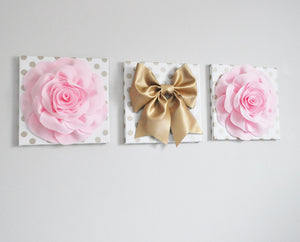 Light Pink Rose and Gold Bow Wall Decor Set of Three - Daisy Manor