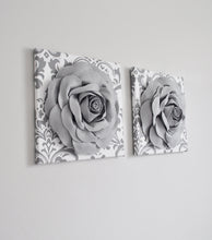 Load image into Gallery viewer, Gray Roses on White Gray Damask Wall Art Canvas Wall Art Sets - Daisy Manor
