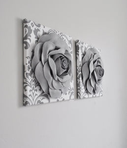Gray Roses on White Gray Damask Wall Art Canvas Wall Art Sets - Daisy Manor