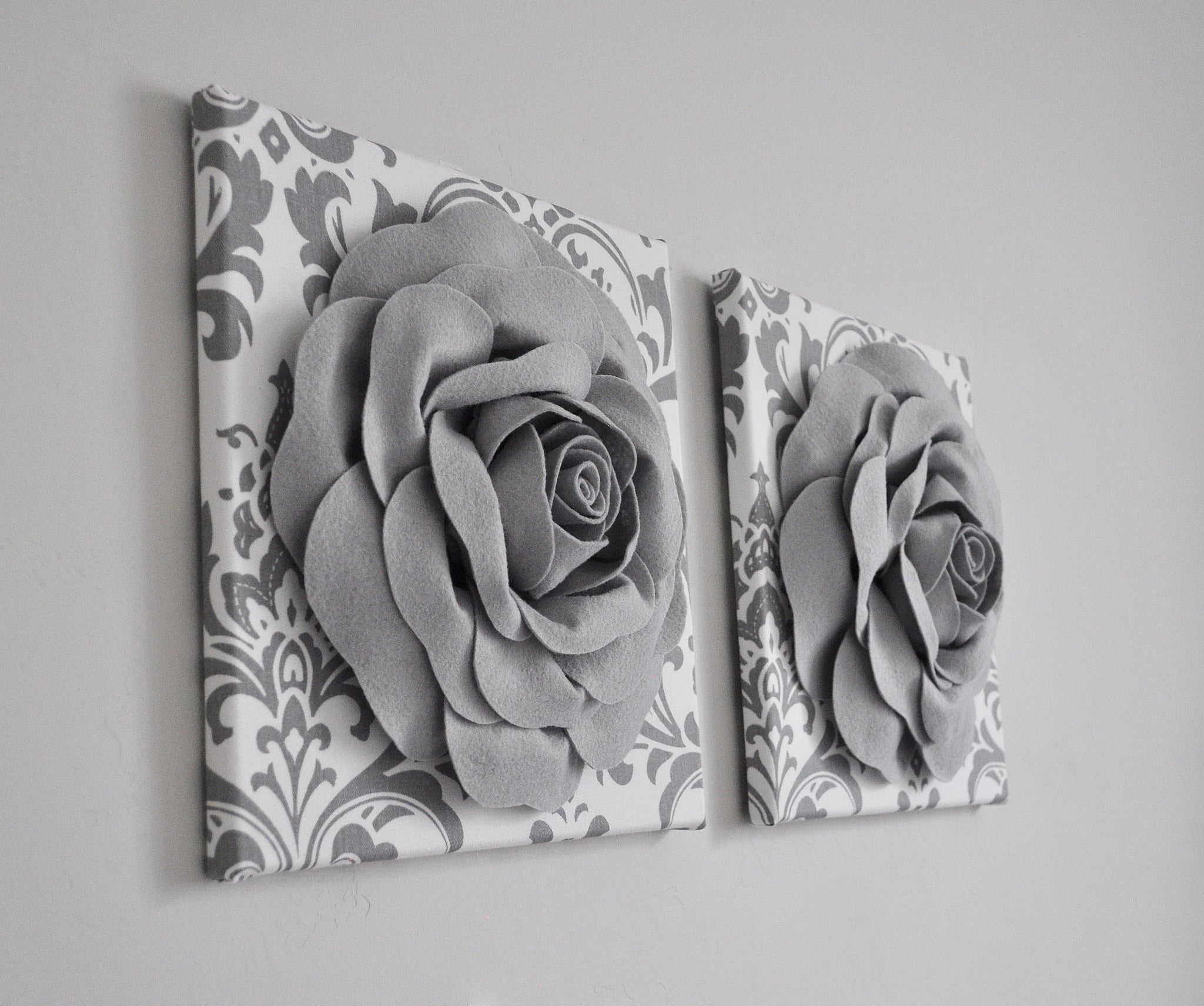 Gray Roses on White Gray Damask Wall Art Floral Canvas Wall Art Sets ...