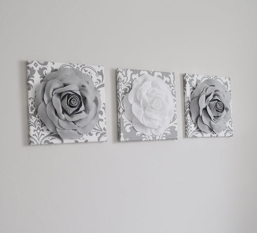 Gray and White Rose Canvas Wall Art Set of 3 - Daisy Manor