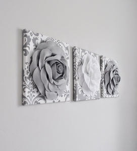 Gray and White Rose Canvas Wall Art Set of 3 - Daisy Manor