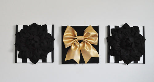 Flower and Bow Wall Canvas Set in Black White and Gold - Daisy Manor