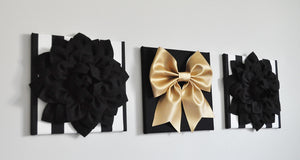 Flower and Bow Wall Canvas Set in Black White and Gold - Daisy Manor