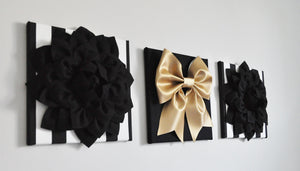 Flower and Bow Wall Canvas Set in Black White and Gold - Daisy Manor