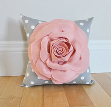 Load image into Gallery viewer, Blush Pink Rose on Gray Polka Dot Pillow - Daisy Manor
