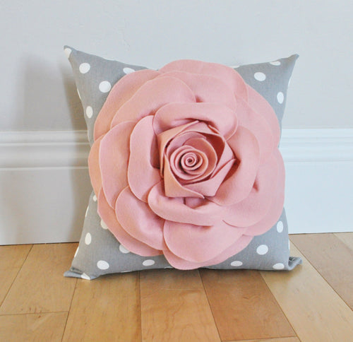 Blush Pink Rose on Gray Polka Dot Pillow - Daisy Manor