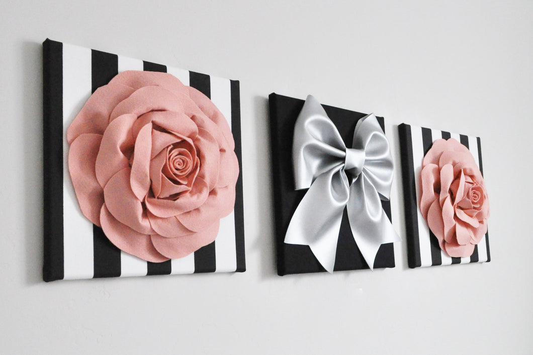 Blush Roses and Silver Bow Black Stripes Floral Home Decor Set - Daisy Manor