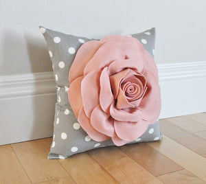 Blush Pink Rose on Gray Polka Dot Pillow - Daisy Manor