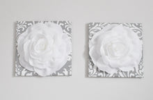 Load image into Gallery viewer, White Roses on Gray and White Damask Canvas set of two - Daisy Manor
