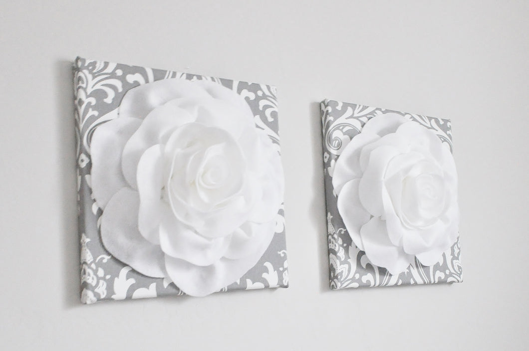 White Roses on Gray and White Damask Canvas set of two - Daisy Manor