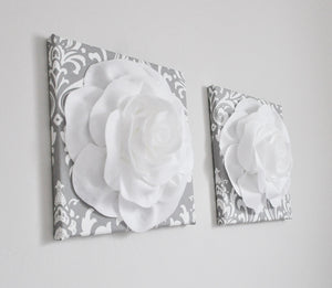 White Roses on Gray and White Damask Canvas set of two - Daisy Manor