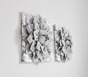 Silver Gray Dahlia Flowers on White Gray Damask Canvas Set of TWO - Daisy Manor
