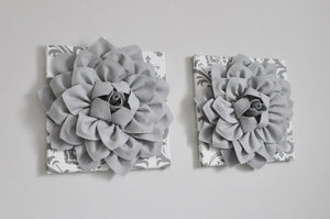 Silver Gray Dahlia Flowers on White Gray Damask Canvas Set of TWO - Daisy Manor