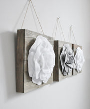 Load image into Gallery viewer, Gray and White Roses on Reclaimed Wood Plank Wall Hanging Set of Three - Daisy Manor
