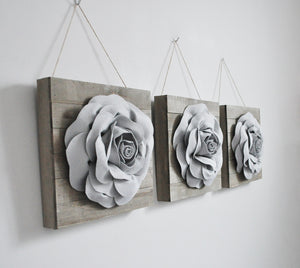 Three Grey Roses on Reclaimed Wooden Wall Plank Set - Daisy Manor