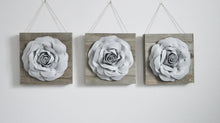 Load image into Gallery viewer, Three Grey Roses on Reclaimed Wooden Wall Plank Set - Daisy Manor

