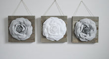 Load image into Gallery viewer, Gray and White Roses on Reclaimed Wood Plank Wall Hanging Set of Three - Daisy Manor
