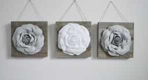 Gray and White Roses on Reclaimed Wood Plank Wall Hanging Set of Three - Daisy Manor