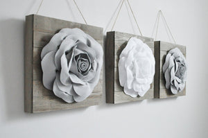 Dark Blush and Ivory Three Rose Flower Wood Plank Wall Hanging Set - Daisy Manor