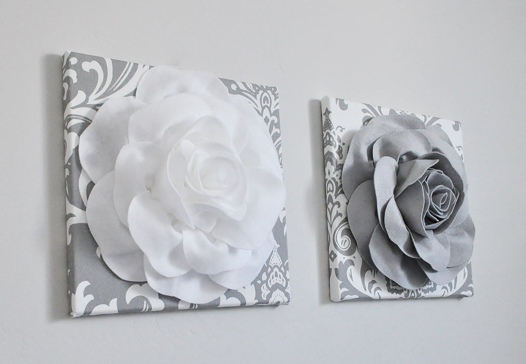 White Rose and Gray Rose on Gray Damask Wall Decor - Daisy Manor