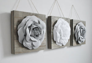 Gray and White Roses on Reclaimed Wood Plank Wall Hanging Set of Three - Daisy Manor