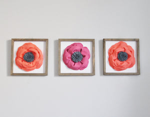 Framed Flower Wall Art Set of Three 3d Poppy Flowers - Daisy Manor