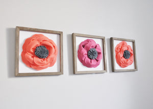 Framed Flower Wall Art Set of Three 3d Poppy Flowers - Daisy Manor
