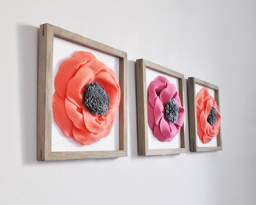 Framed Flower Wall Art Set of Three 3d Poppy Flowers - Daisy Manor