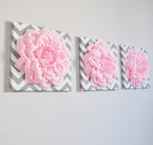 Load image into Gallery viewer, Light Pink Dahlia Flowers on Gray and White Chevron Canvas Set of Three - Daisy Manor
