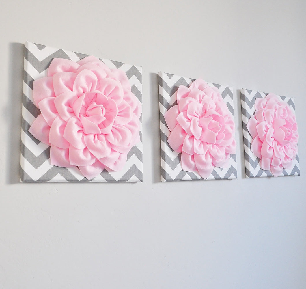 Light Pink Dahlia Flowers on Gray and White Chevron Canvas Set of Three - Daisy Manor