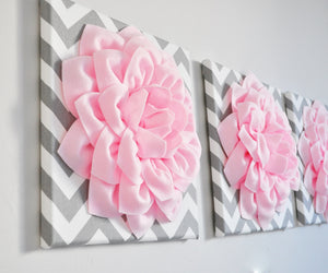 Light Pink Dahlia Flowers on Gray and White Chevron Canvas Set of Three - Daisy Manor