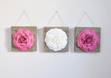 Load image into Gallery viewer, Dark Blush and Ivory Three Rose Flower Wood Plank Wall Hanging Set - Daisy Manor
