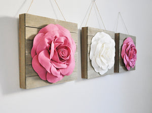 Dark Blush and Ivory Three Rose Flower Wood Plank Wall Hanging Set - Daisy Manor