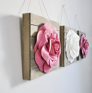 Dark Blush and Ivory Three Rose Flower Wood Plank Wall Hanging Set - Daisy Manor