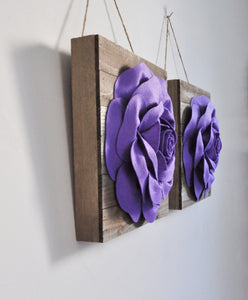 Lavender Roses on Wood Plank Wall Hanging Set of Two - Daisy Manor