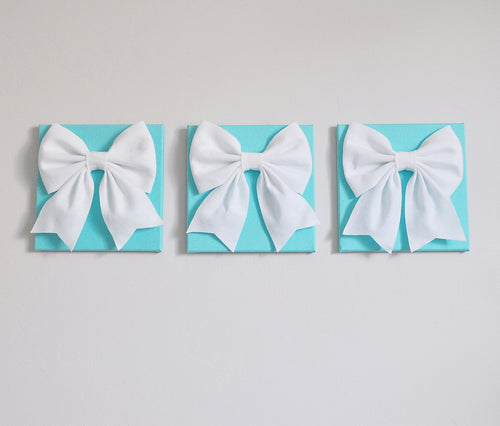 Three White Bows on Aqua Wall Art Large Bow Wall Decor Set - Daisy Manor