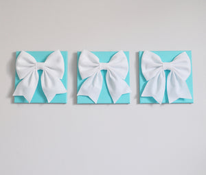 Three White Bows on Aqua Wall Art Large Bow Wall Decor Set - Daisy Manor