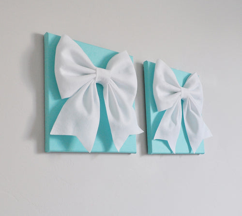 Large White Bow on Bright Aqua Bow Canvas Set Home Decor - Daisy Manor