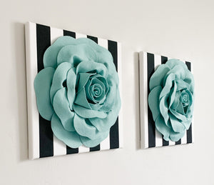 Dusty Blue Rose Flowerr on Black Stripe Wall Decoration