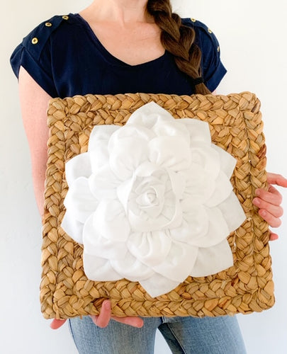 White Dahlia Flower on Weaved Square Water Hyancith Wall Art - Daisy Manor