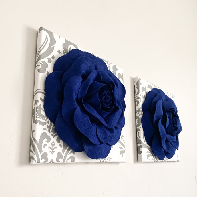 TWO Royal Blue  3D Wool Roses on White with Gray Damask Canvas Wall Art Set