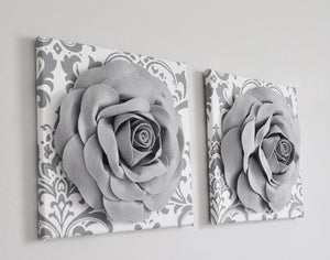 Rose Flowers on White with Gray DAmask Wall Flowers