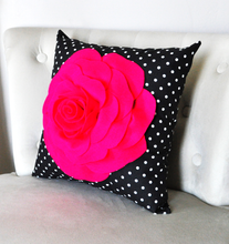 Load image into Gallery viewer, Hot Pink Rose on Black with White Polka Dot Pillow

